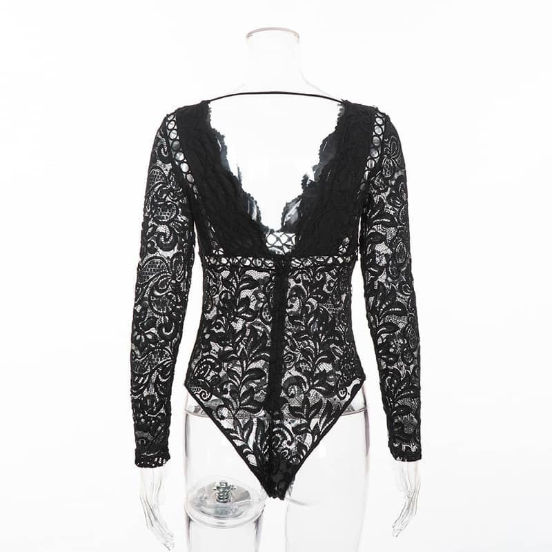 Deep V Lace Bodysuit - Long Sleeve