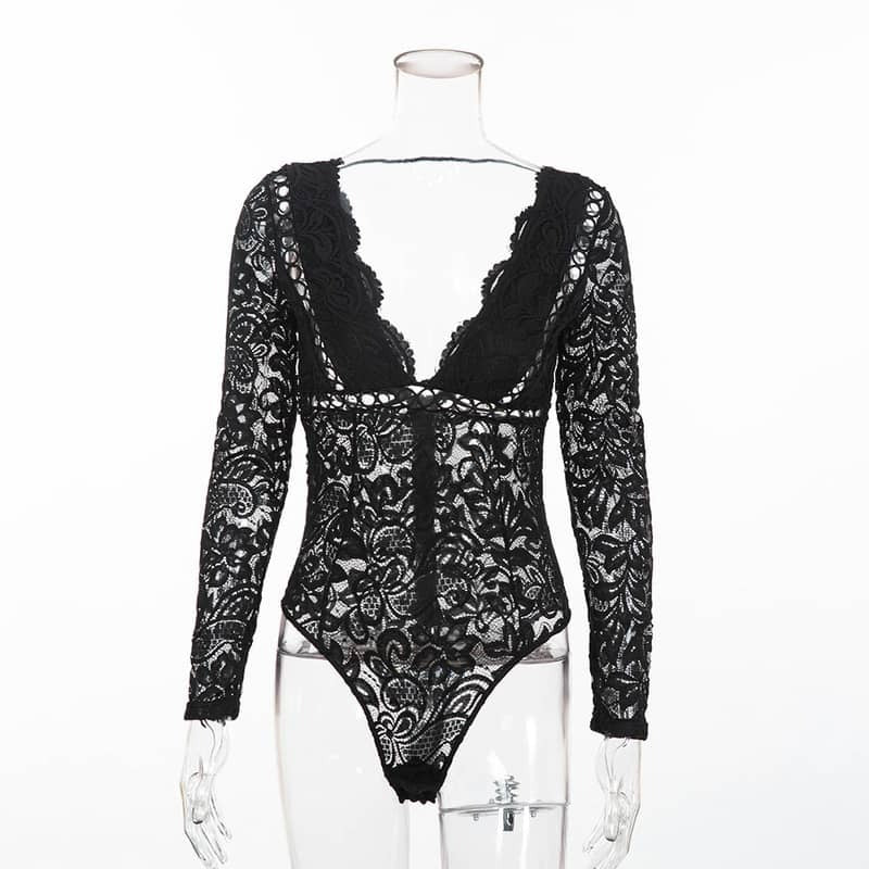 Deep V Lace Bodysuit - Long Sleeve