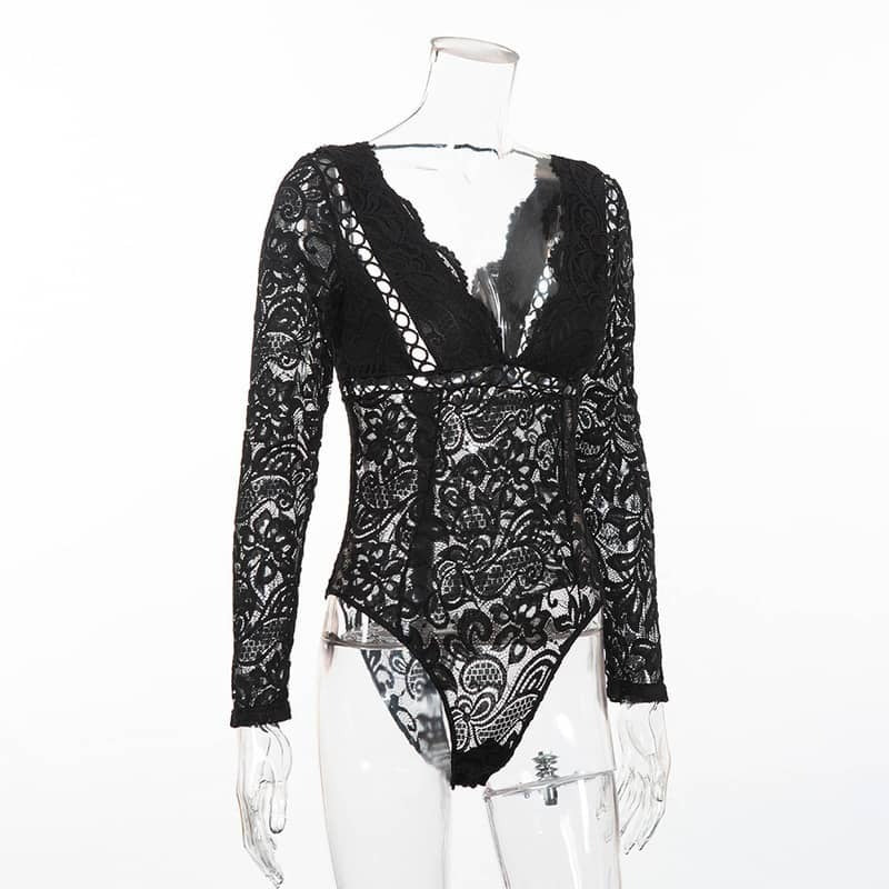 Deep V Lace Bodysuit - Long Sleeve