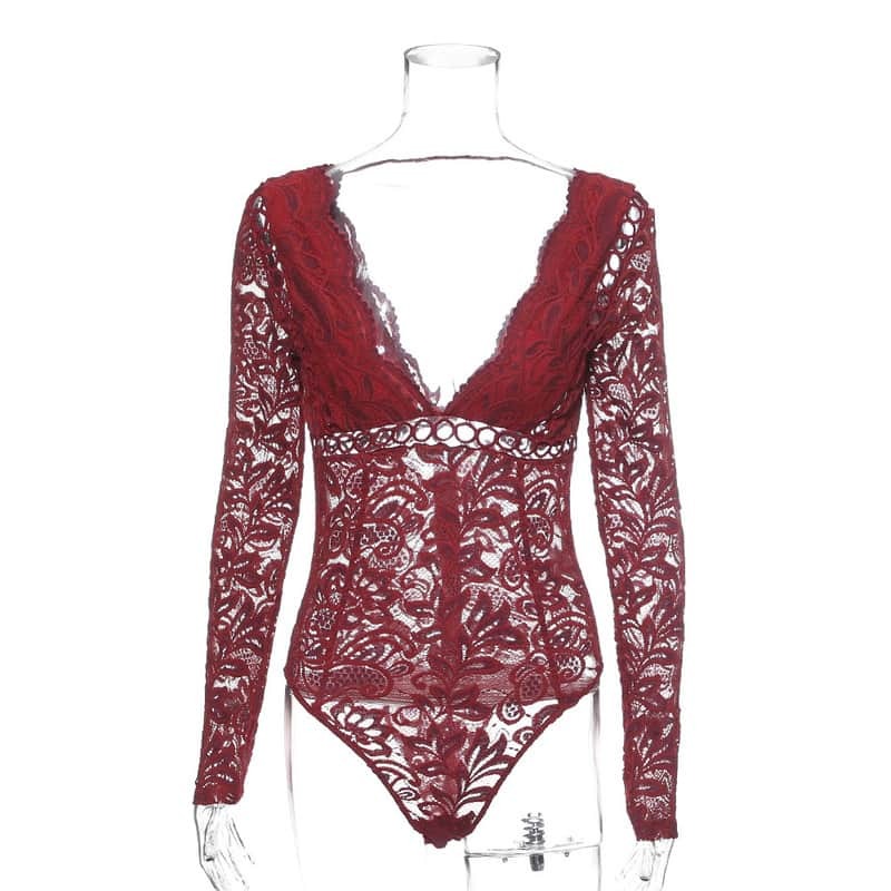 Deep V Lace Bodysuit - Long Sleeve