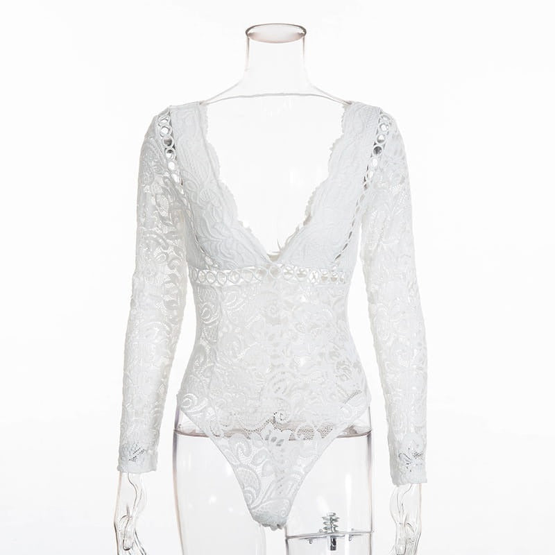 Deep V Lace Bodysuit - Long Sleeve