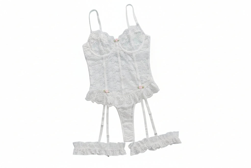 White Lace Ruffled Bridal Lingerie Set Over View