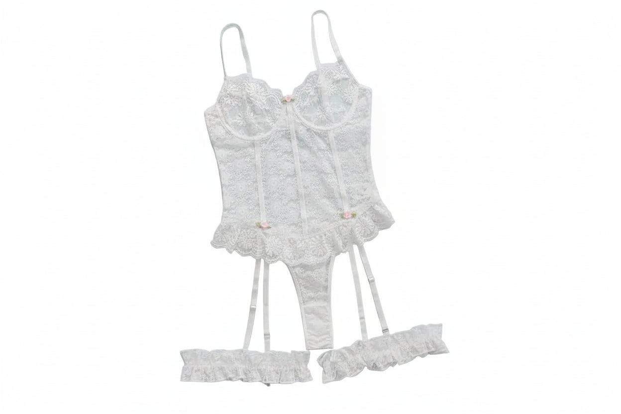 White Lace Ruffled Bridal Lingerie Set Over View