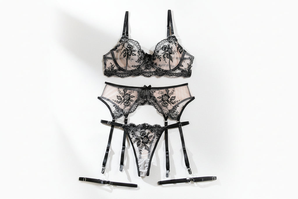 Wholesale Romantic Bra and Panty Set with Lace Garter Ov