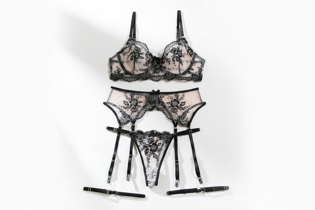 Wholesale Romantic Bra and Panty Set with Lace Garter Ov